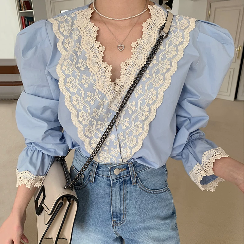 

Heavy Lace Crochet Stitching V-neck Top Loose Single Breasted Flared Sleeve Blouse For Women