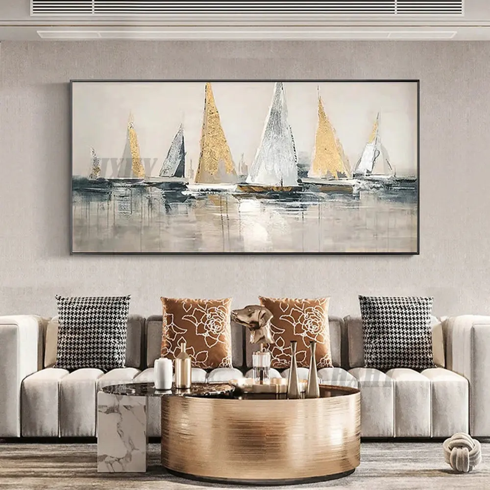

Abstract Sailboats on Canvas,Original Painting Golden Sailboats Ocean Bedroom Wall Art,Large Painting Gift for Housewarming