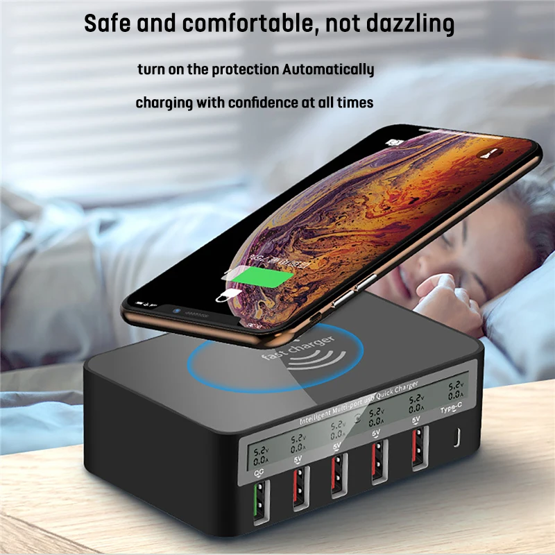 40W 6 Port USB C Charger QI Wireless Charger For iPhone Samsung Xiaomi HUAWEI QC3.0 Fast Charger PD Usb C Quick Charging Station