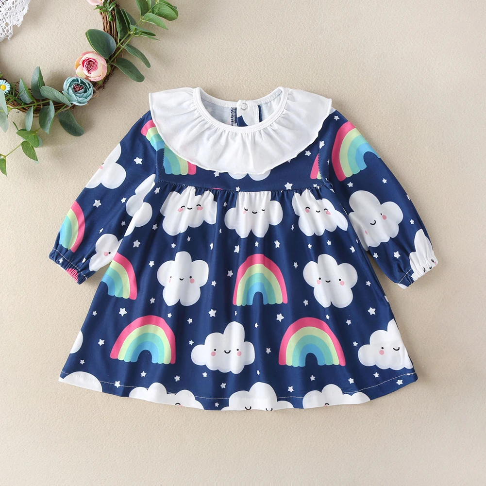 

Платья для маленьких девочек с мультяшным персональным принтом, милые модные трендовые воротники с длинным рукавом, лотос, весеннее шикарн...