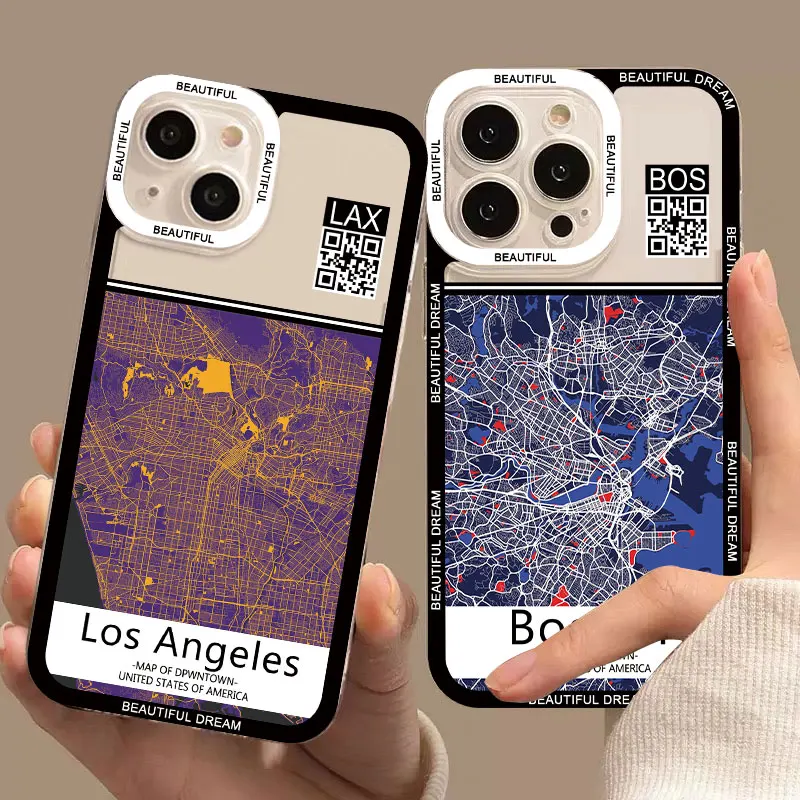 

Ins Travel Country Sketch City Map Clear Phone Case For iPhone 14 X XR XS 11 12 13 Pro Max 8 7 Plus SE 2020 Transparent Fundas