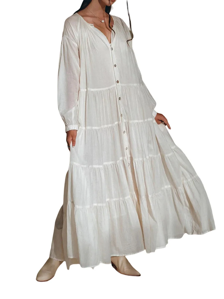 

Женское богемное платье-макси с длинным рукавом, Свободное длинное платье с V-образным вырезом и пуговицами спереди, повседневное пляжное платье с цветами в несколько рядов, лето
