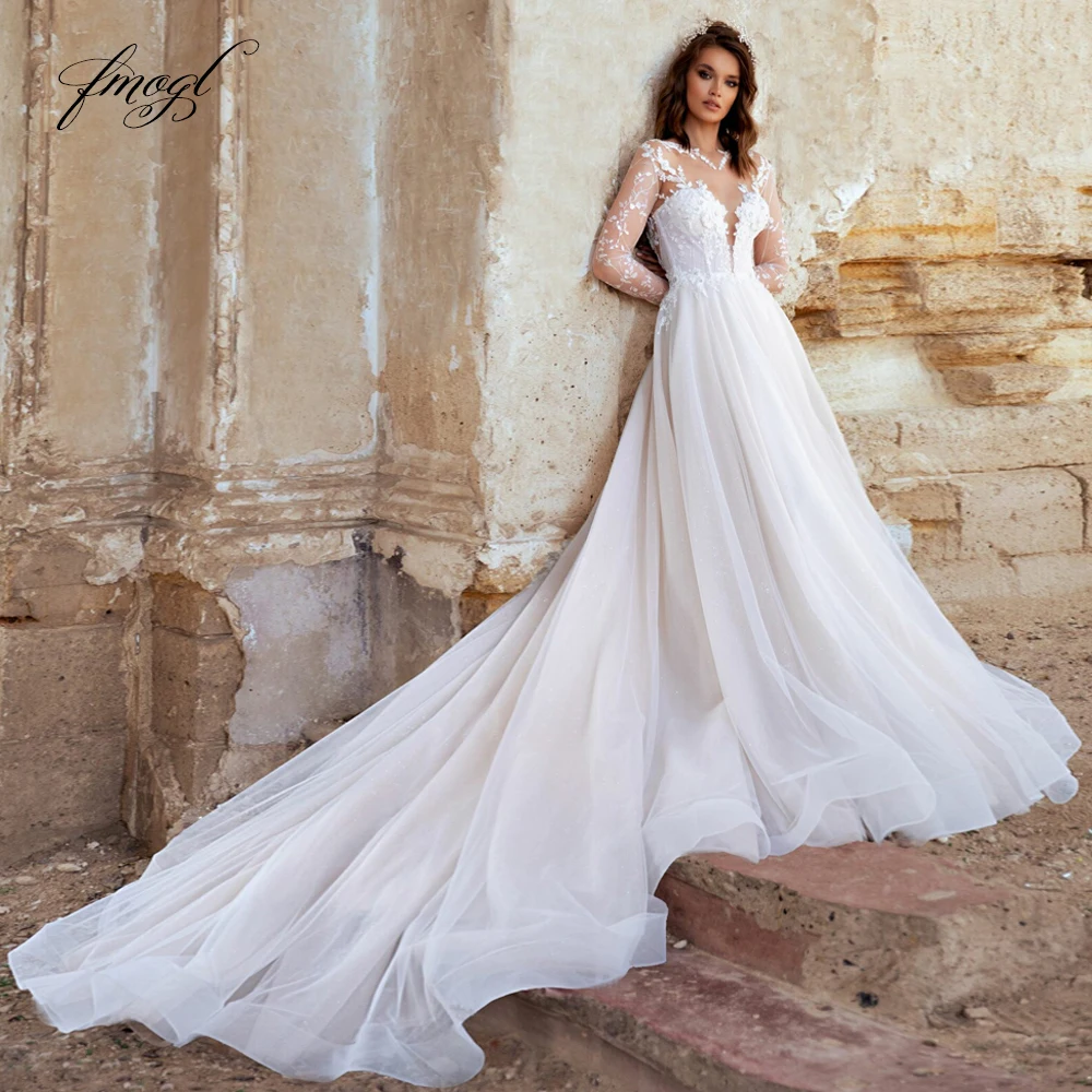 

Fmogl сексуальное иллюзионное винтажное свадебное платье с длинным рукавом и цветами роскошные круглые Аппликации Бисер со шлейфом ТРАПЕЦИЕ...