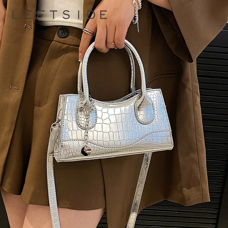 

Y2K стильные серебристые кожаные маленькие сумки через плечо с верхней ручкой и каменным узором для женщин 2023 Роскошные Брендовые женские су...