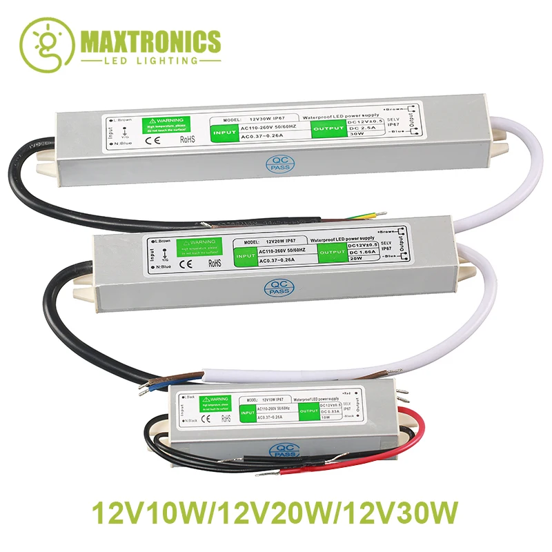 

Led driver waterproof IP67 AC/DC 220V to 12V Power Supply Lighting Transformer Switch Aluminum 10W 20W 30W for led strip Lights