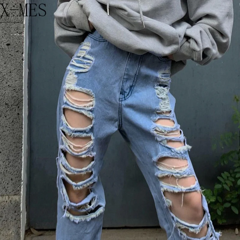 

New Woman Ripped Jean Retro Street Y2K Clothing Fashion Distressed High Waist Loose Wide Leg Pants Loose Straight Casual Trouser