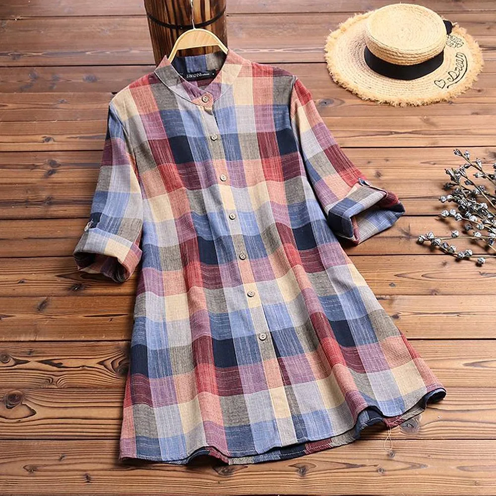 

Plus Size Women Spring V-Neck Long Sleeve Plaid Check Shirt Tops Ladies Casual Loose Blouse Clothing S-5XL For Free Shipping