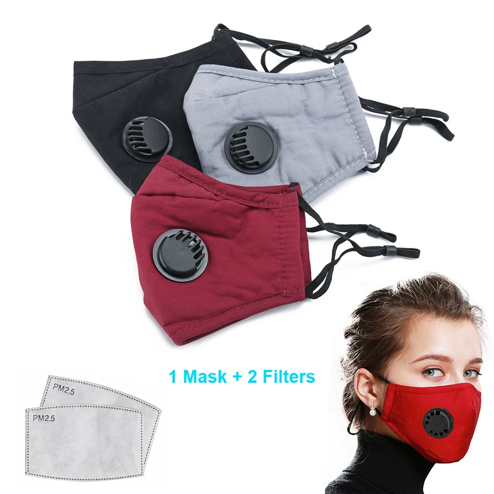 

Cotton Face Mask Mouth With Breather Valve Anti Air Pollution PM2.5 Anti Dust Mask + 2Pcs Activated Carbon Filters Soft Washable
