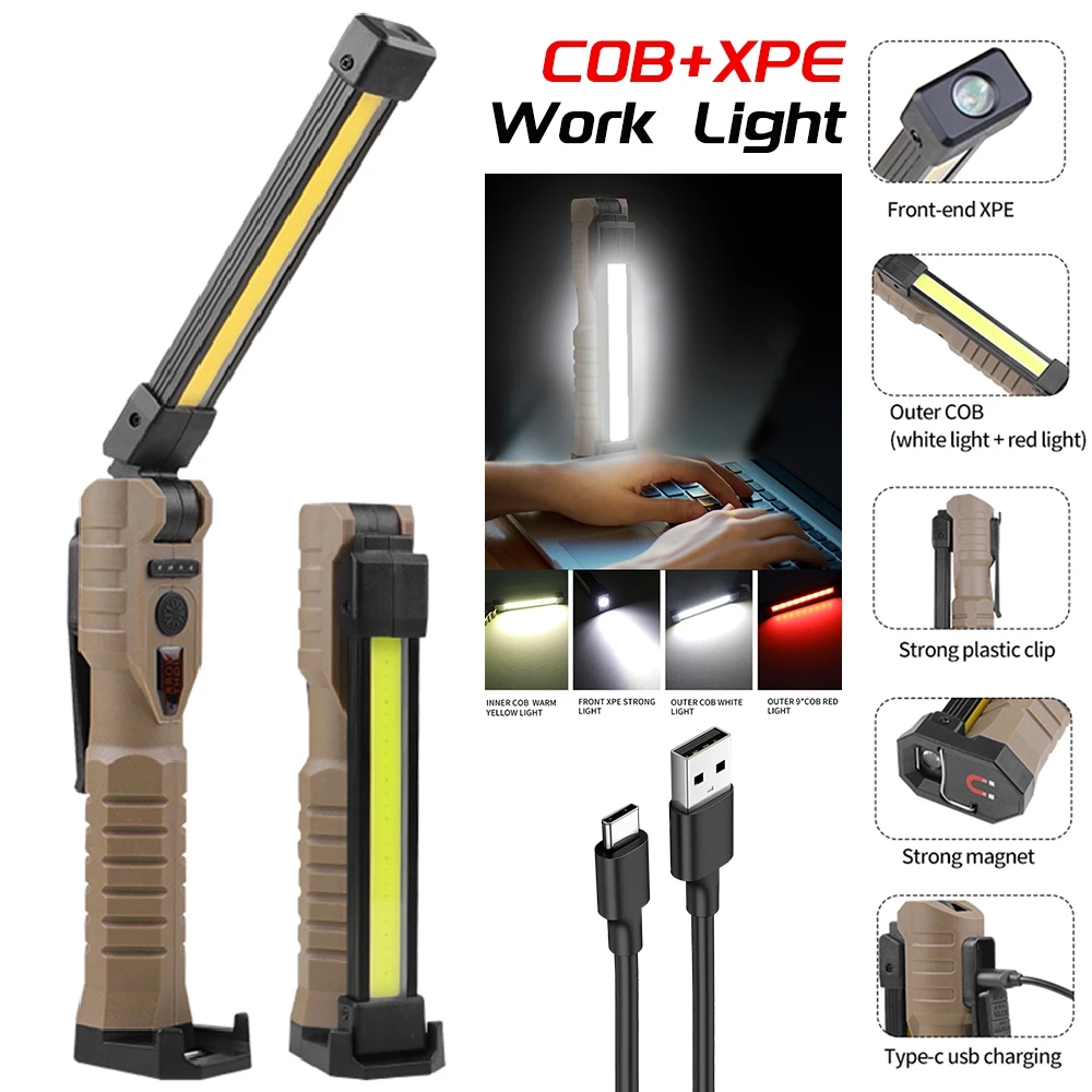 

USB Rechargeable Work Lights Portable COB LED Flashlight 7 Gear Handheld with Power Capacity Indicator for Car Repair Camping