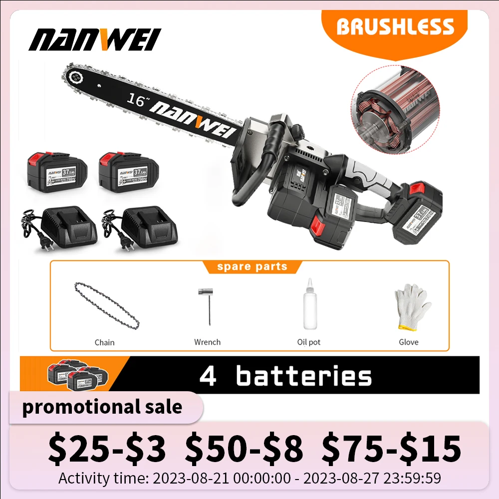 NANWEI 40CM Industrial Electric Chain Saw Hand Held Tool 16'' Powerful Motivation Outdoor logging Install 2 Batteries