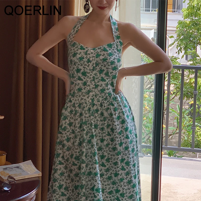 

QOERLIN Elegant Printed Green Halter Neck Midi Dress Women Summer Sexy Sleeveless Dresses Female Sexy Backless Floral Vestidos