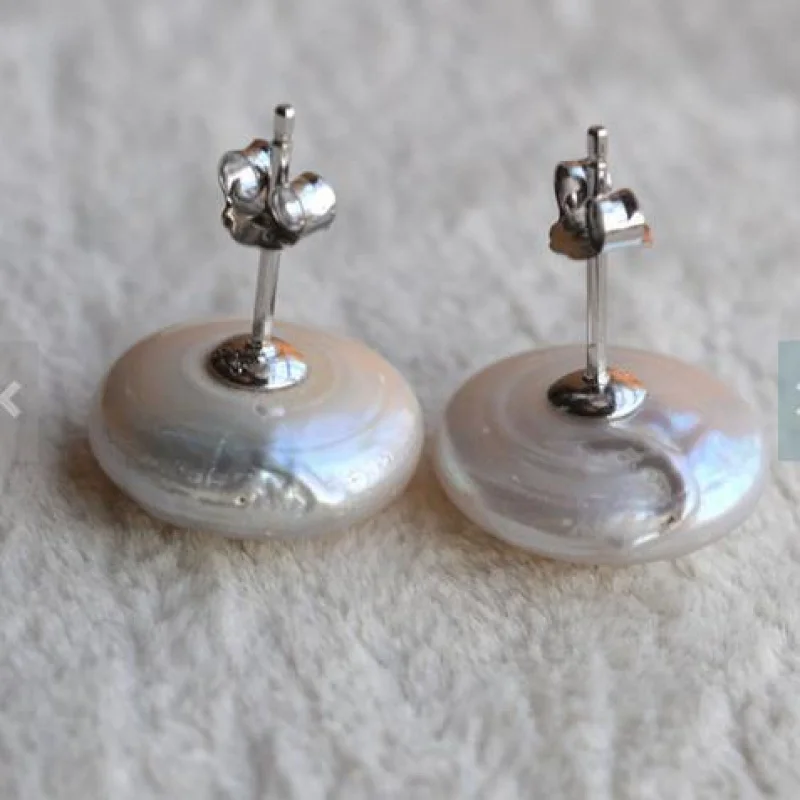 

Perfect Pearl Jewelry,AAA 14MM White Color Coin Shape Real Freshwater Pearl Earrings,Huge Pearl Jewelry,Wedding Earring