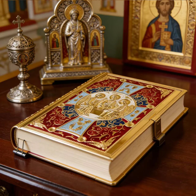 Фото Новая винтажная позолоченная обложка для православной книги с эмалевой иконой Святого Троицы для церковной литургии, домашнего алтаря, молитв и религиозных обрядов №1