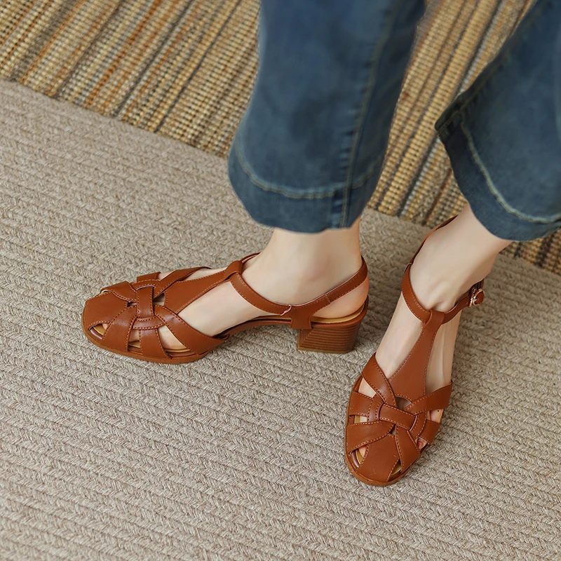 Sandalias de cuero natural para mujer, calzado con correa de cuero trenzado grueso, 22-2022 cm, para verano, 24,5