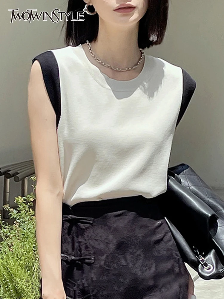 

Женская майка без рукавов TWOTWIN, черная блузка составного кроя с круглым вырезом и высокой талией, в минималистичном стиле, на лето, 2022