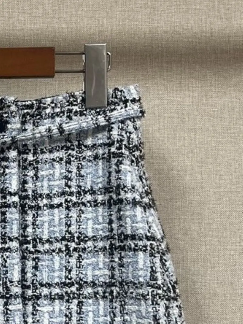 

Женский твидовый клетчатый костюм, Однобортный блейзер с V-образным вырезом и длинным рукавом или мини-юбка трапециевидной формы с высокой ...