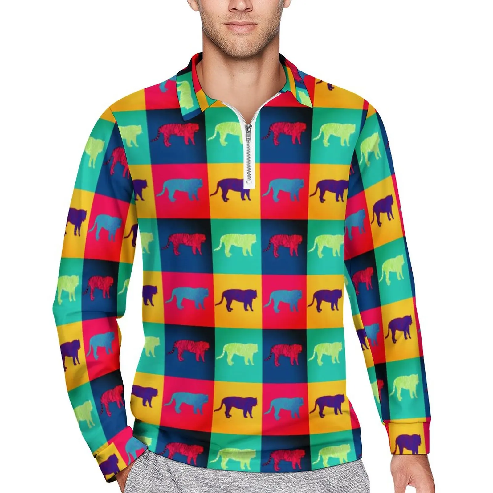 

Colorful Tiger Casual T-Shirts Pop Art Style Polo Shirt Man Fashion Shirt Autumn Long Sleeve Graphic Clothes Big Size