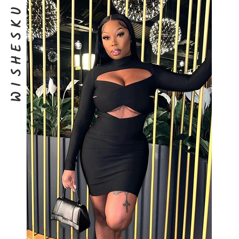 

Sexy Cut Out Cross Wrap Corset Mini Dress Women Turtleneck Long Sleeve Party Vestido 2024 Spring Fall Birthday Y2K Clothes