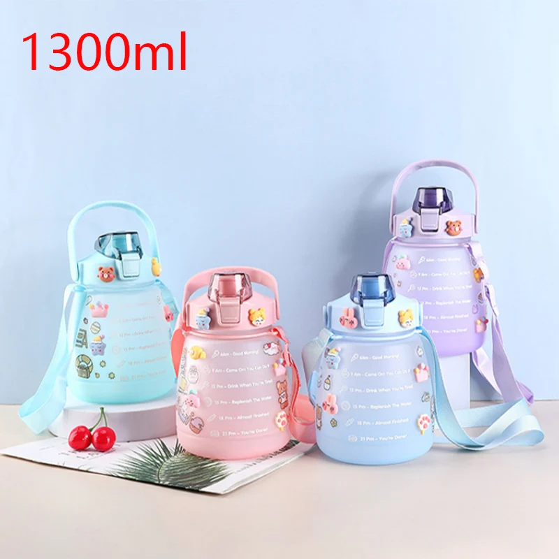 

1300ml Sports Water Bottle Female Summer Portable Large-capacity Straw Cup Cute Pot Belly Student Children Kawaii Cups Drinkware