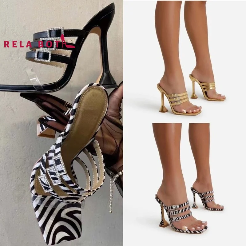 

New Large Size High-heeled Shoes Rhinestones Square Head Sexy Fashion Buckle Sandals Square Head Contracted Leisure Outside Wear