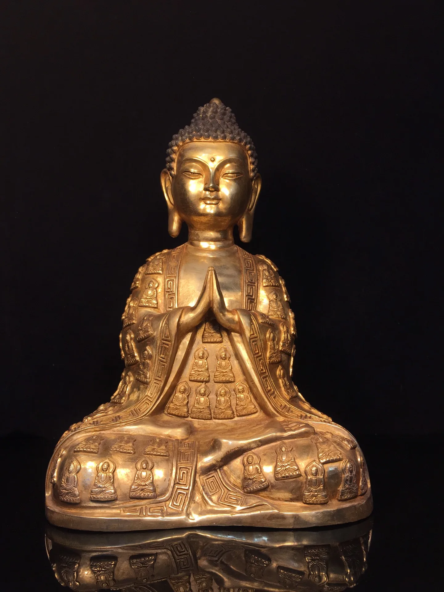 

16"Tibetan Temple Collection Old Bronze Cinnabar Mud gold Amitabha Shakyamuni Sitting Buddha Worship Hall Town house Exorcism