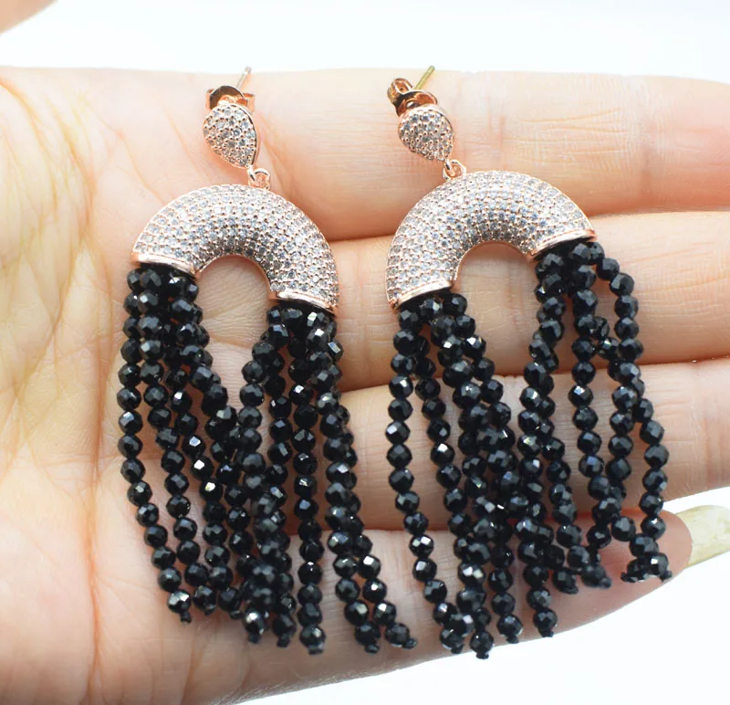 

one pair black spinel round faceted 3mm zircon hook tassel pearls earrings wholesale beads