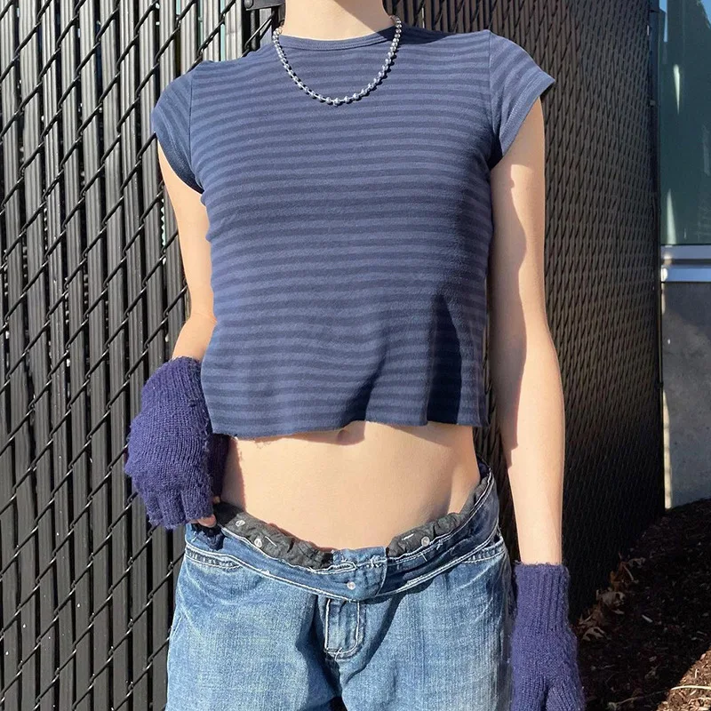 

Summer Fashion Slim Gothic Contrast Color Striped Short Sleeve O-neck Skinny Tee Shirt Casual Short T-Shirts Women Crop Top