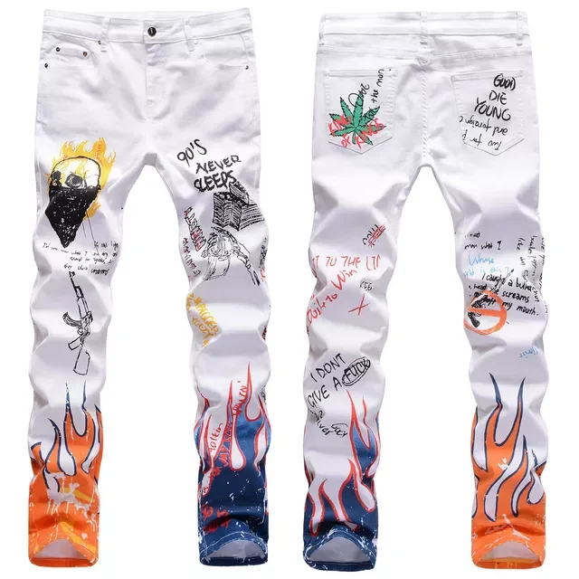 2022New Letters Flame Printed Patterned Jeans Slim Straight Stretch Fashionable Graffiti Punk Rock Streetwear Hip Hop Jeans Pant