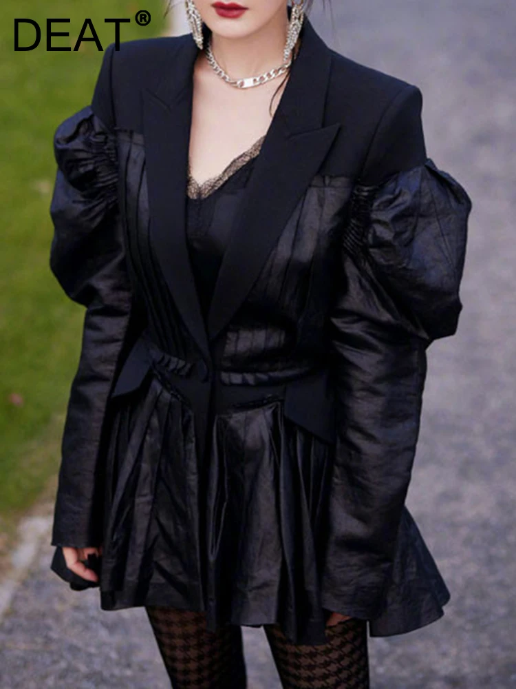 

DEAT Fashion Women's Blazer Notched Collar Loose Zipper Puff Sleeve Spliced PU Leather Black Waist Suit Jackets Autumn 2023 New
