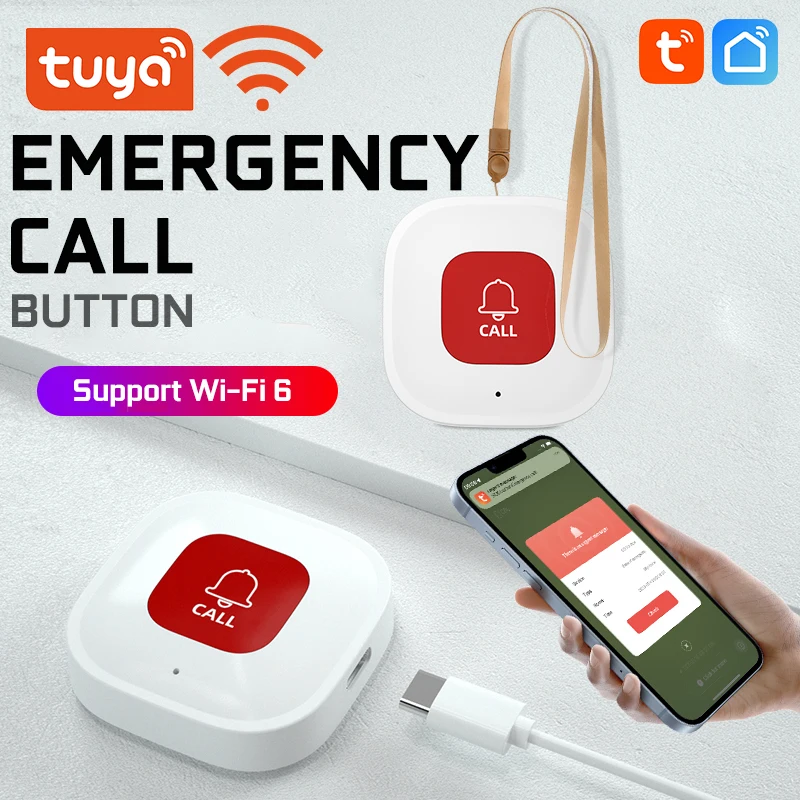 

Кнопка аварийной сигнализации Tuya, перезаряжаемая Аварийная кнопка для пожилых людей, Wi-Fi, для самообороны