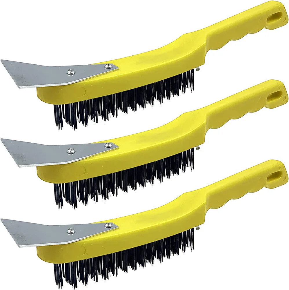 

11'' Steel Wire Brush With Metal Scraper Plastic Handle Machinery Paint Remover Rust Cleaner Metal Washing Polishing Hand Tool