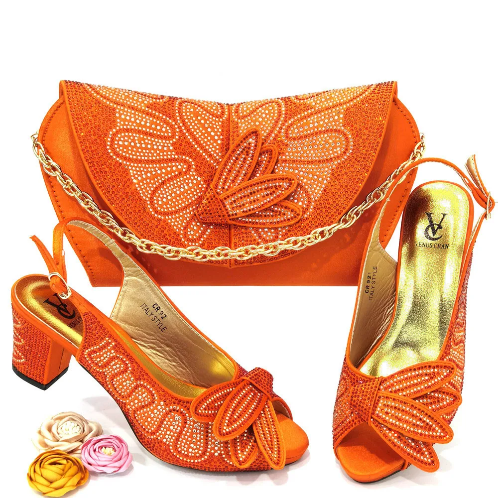 

Italian design Wedding Shoe and Bag Set Orange Color Ladies Shoe with Matching Bag Set 2022 Nigerian Shoe and Bag Set for Party