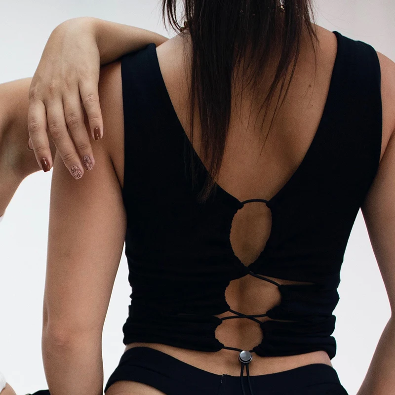 

2021 Solid V-neck Sleeveless Drawstring Fashion Slim Slim Navel Sports Casual Top Hollow Vest Women's Casual Sexy Streetwear