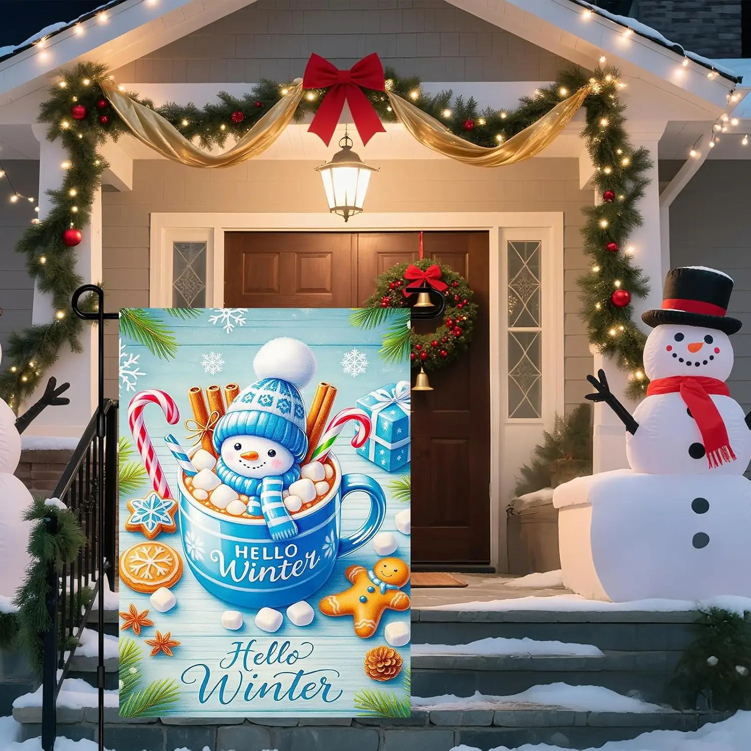 Фото Флаг для сада IVN Winter Garden 12x18 дюймов, двусторонний, с изображением снеговика и какао-конфет, для улицы, двора, входной двери, газона, веранды, патио EEZ №2