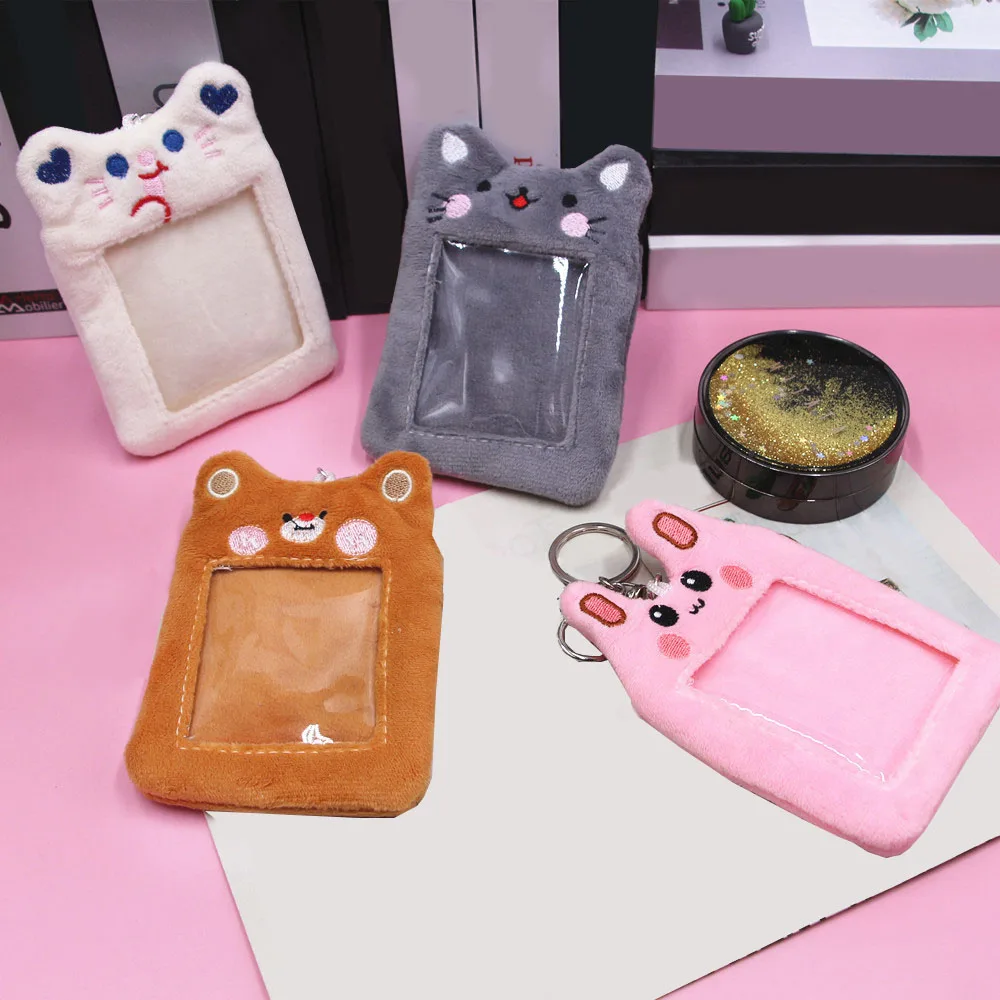 

Korean Style PlushCredit Card Holder Bags Cartoon Animal ID Work Pass Card Cover Sleeve Badge Holder with Key Ring Keychain