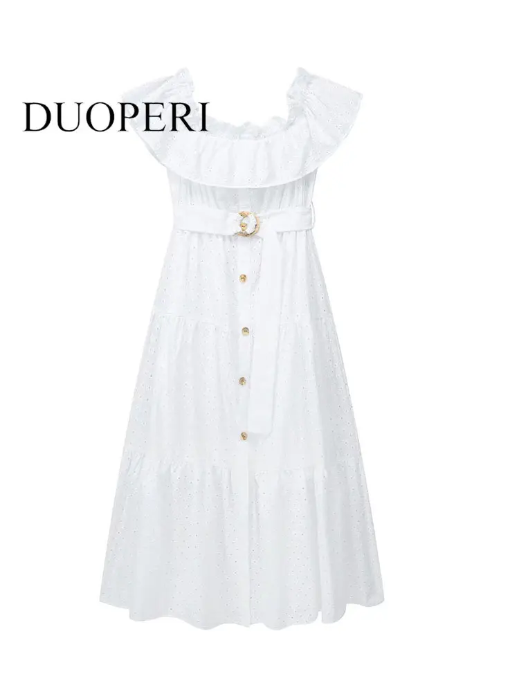 

Платье-миди с поясом и оборками, однобортное, без бретелек