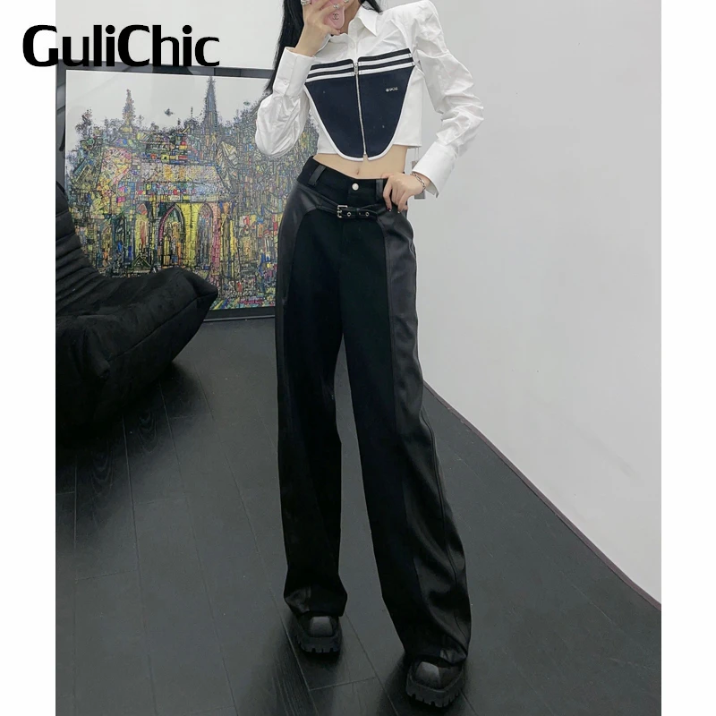 

11.17 GuliChic Women Casual Letter Embroidery Zipper White Short Shirt Or PU Leather Patchwork Black Straight Pants Set