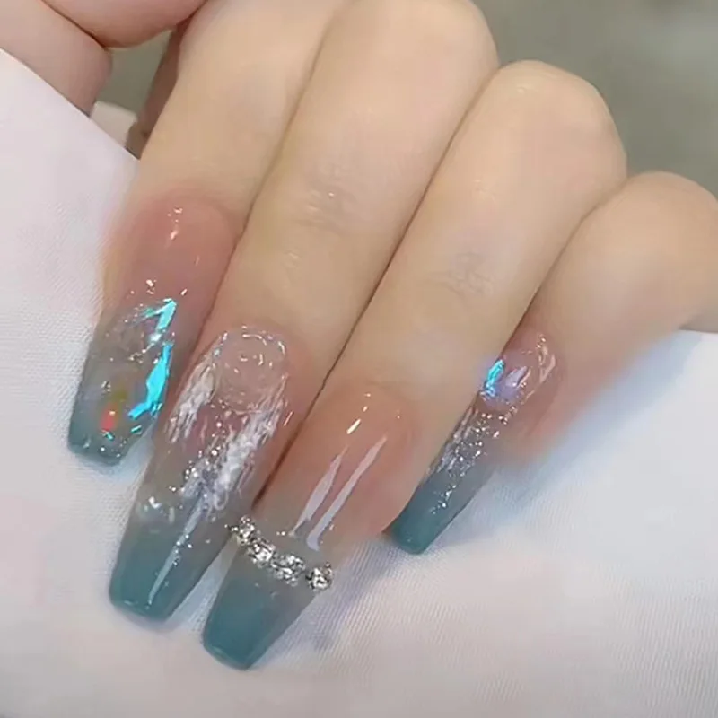 

24pcs/box Press On False Nails Blue Camellia Nail Art Wearable Fake Nails Long Ballerina With Wearing Tools