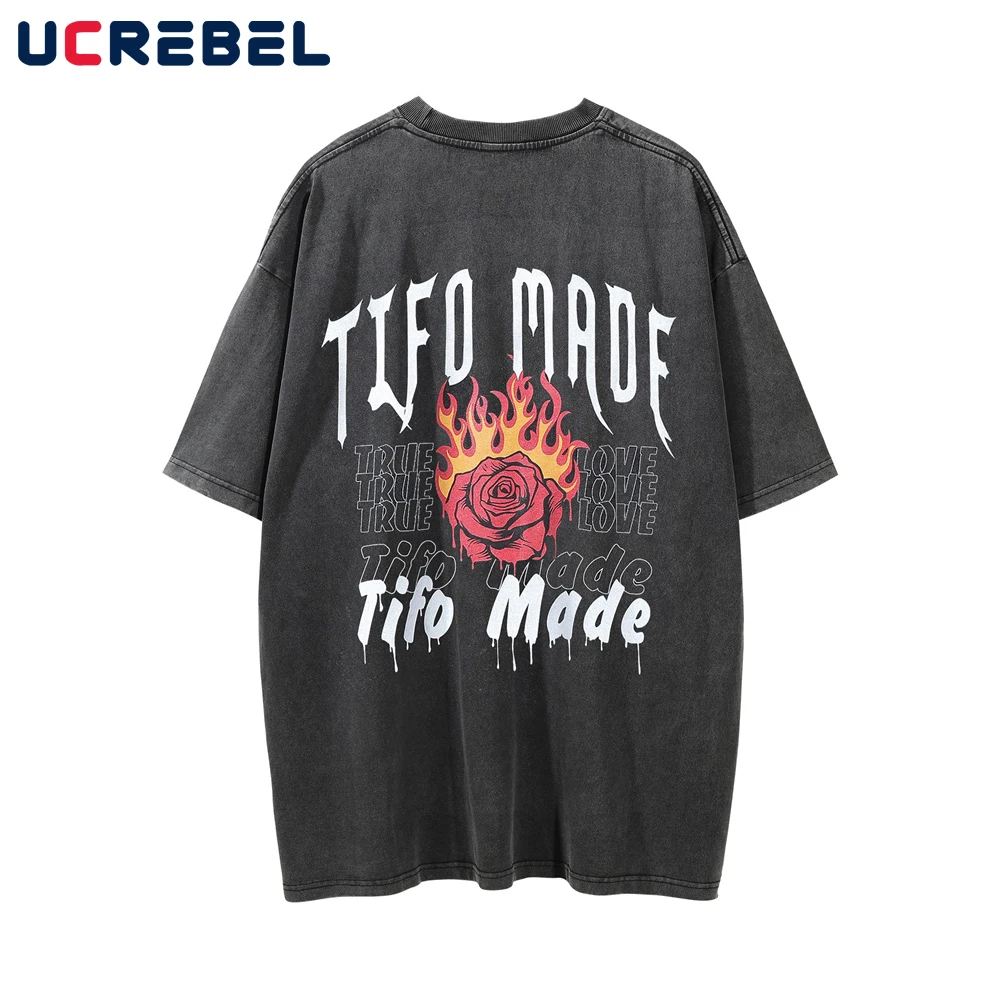 

Футболка мужская хлопковая с принтом пламени, потертая тенниска с круглым вырезом и короткими рукавами, свободная повседневная Уличная оде...