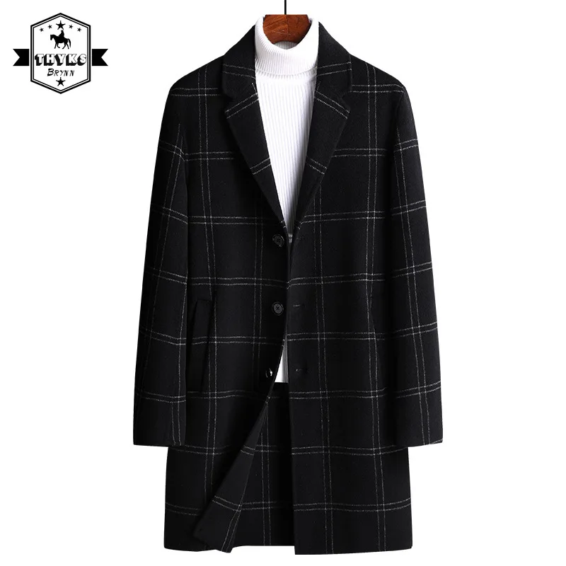 

Plaid Trench Coat Men Winter Woolen Jackets Double-sided Wool Mid Long Overcoats Slim Warm Luxury Bussiess Windbreaker Blazers