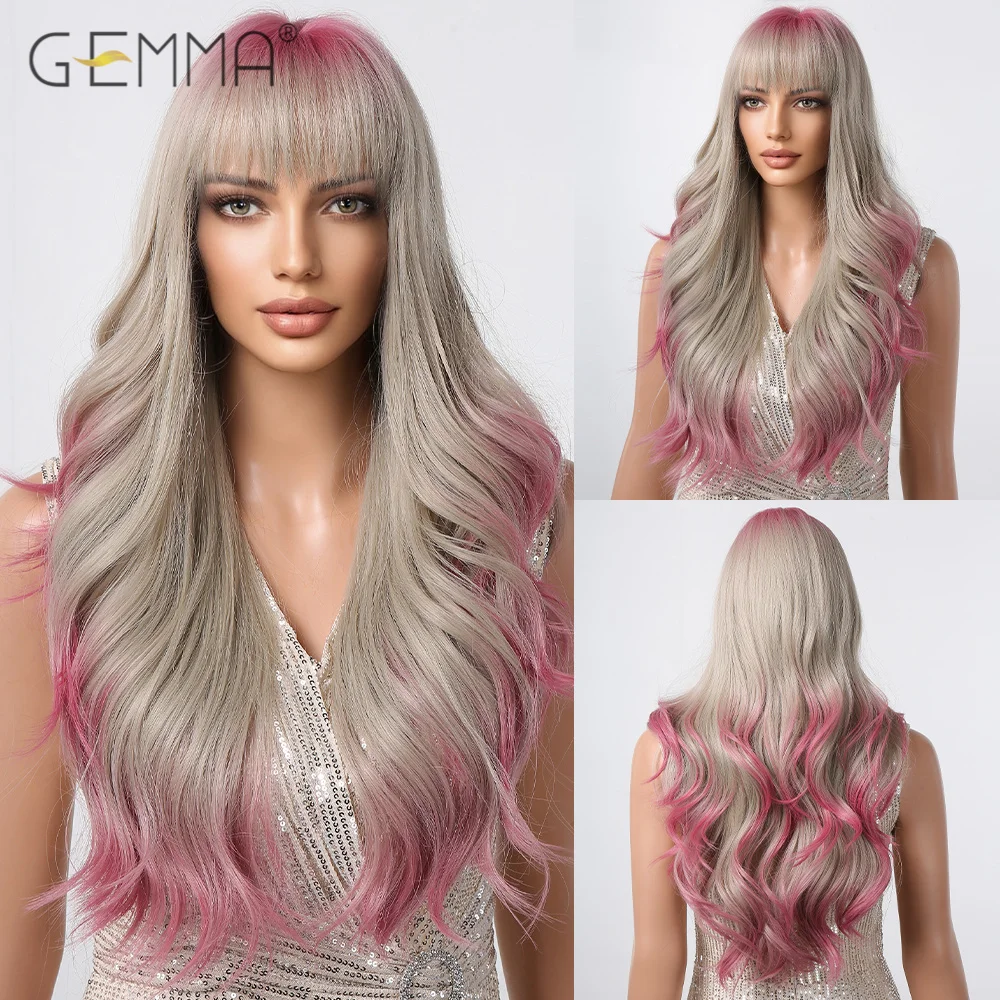 

GEMMA Ombre Gray Blonde Pink Cosplay Wig with Bangs Synthetic Long Wavy Wigs for Women Daily Natural Heat Resistant Fake Hair