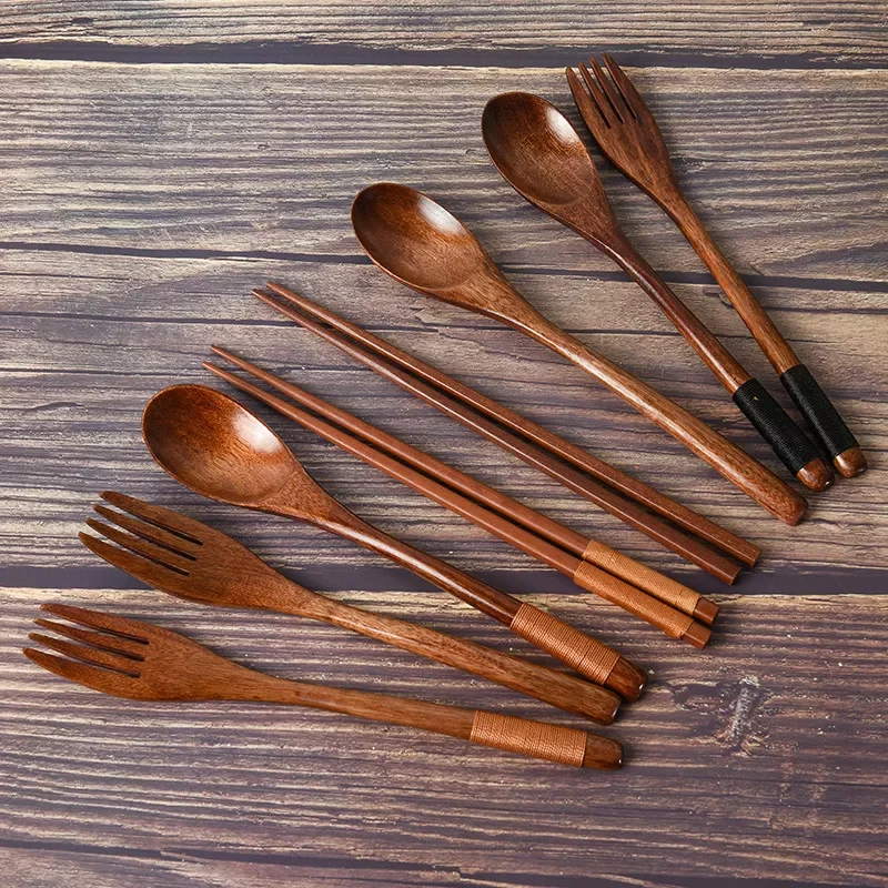 

2023NEW Wood 3-piece Tableware Solid Wood Long Handle Spoon Chopsticks Fork Portable Handmade Household Tableware Non-slip
