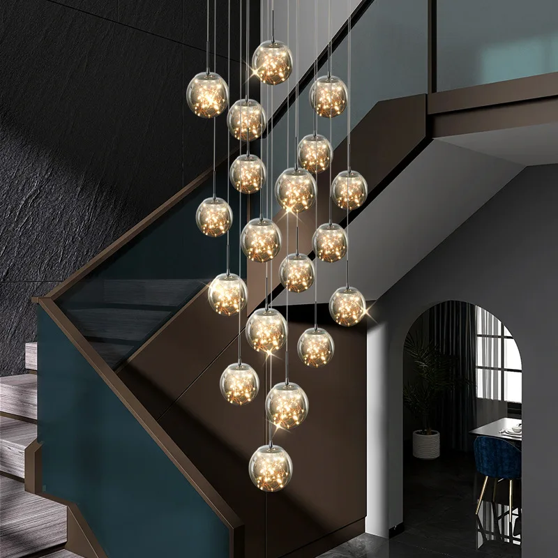 

Nordic LED Spiral Staircase Chandeliers Lighting Living Dining Room Villa Hotel Decor Hanging Pendant Lamp Glass Ball Suspension