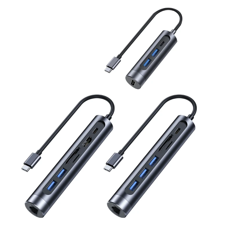 

Док-станция 7 в 1 типа C, многопортовый адаптер из алюминиевого сплава + ABS USB 3, 0 х2 + HDMI + Type-C + TF + SD + сетевая