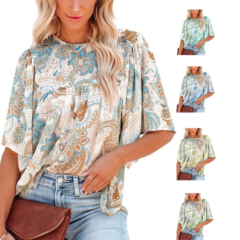

All-matching Summer Tops for Women Paisley Print T-shirt Bell-Sleeves Shirts