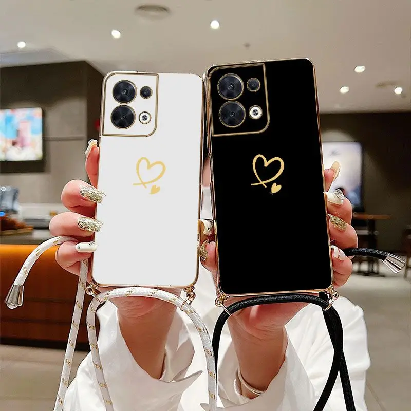 

Sweet Hearts Crossbody Lanyard Silicone Phone Case For Oppo Reno 8T 8Z 6 7Z 6Z 7 Pro 6Pro 9 Pro 8 Pro 5K 5 Pro 9 Pro Plus Cover