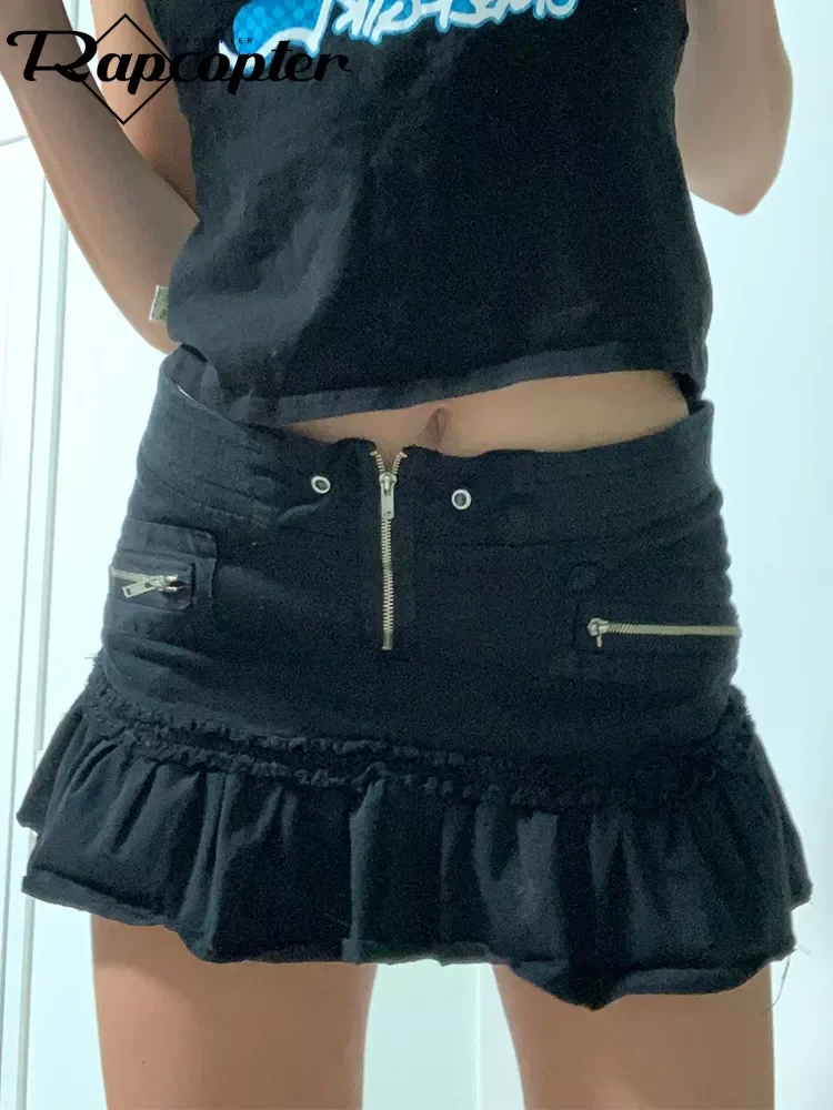 

Женская плиссированная джинсовая юбка Rapcopter y2k, юбка с завышенной талией и кисточками, в стиле гранж, Готическая мини-юбка с пряжкой на молни...
