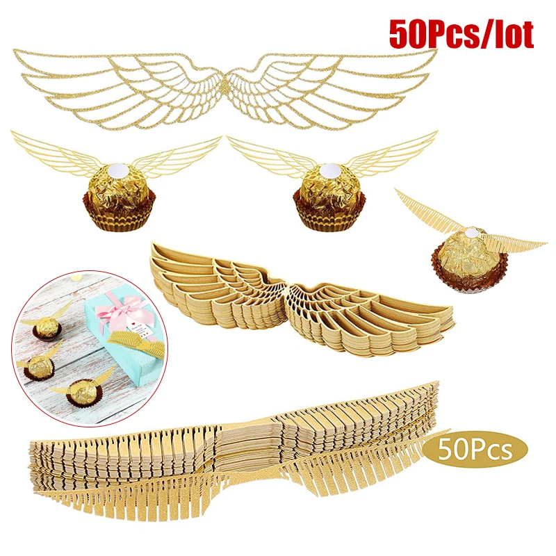 

50Pcs Wings Chocolate Cake Party Gold Decoration Wizard Topper Golden Wing Cupcake Toppers Snitch Wedding Decor Candy