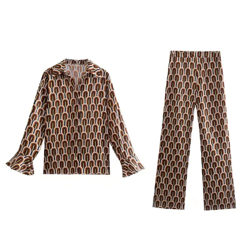 

PB&ZA spring and summer new women's retro temperament layered decorative printed shirt high waist flared pants 2028/540 2110531