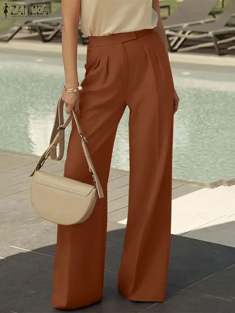 

Women Casual Wide Leg Back Elastic Waist Pants ZANZEA Vintage Loose Office Work Capris Oversize Pant 2022 Fashion Solid Trouser